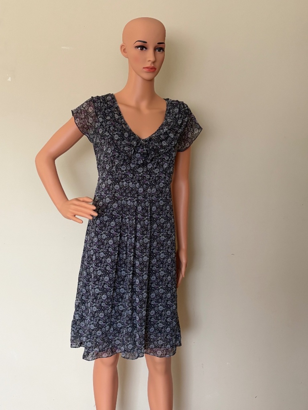 OODJI Black Purple Floral Print Dress – Flutter Sleeve – Lined